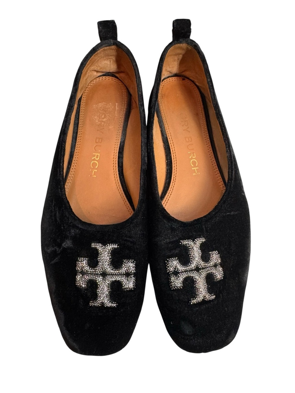 Tory Burch Eleanor Black Velvet Flats with Crystal Logo 8.5 - Picture 4 of 5
